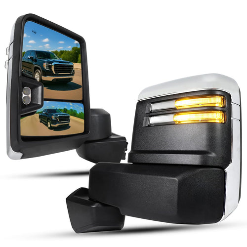 Spec-D Tuning Power Heated Chrome Trim Tow Mirrors w/LED Signal, Blind Spot Sensor, Temperature Sensor Compatible with 2019-2025 GMC Sierra 1500, Left + Right Pair
