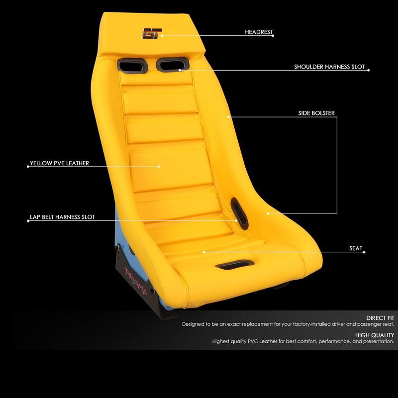 NRG Innovations Prisma GT Fixed Back Bucket Racing Seat with Yellow Mount Bracket, Yellow Leather Yellow Stitching/GT Oasis Blue Back