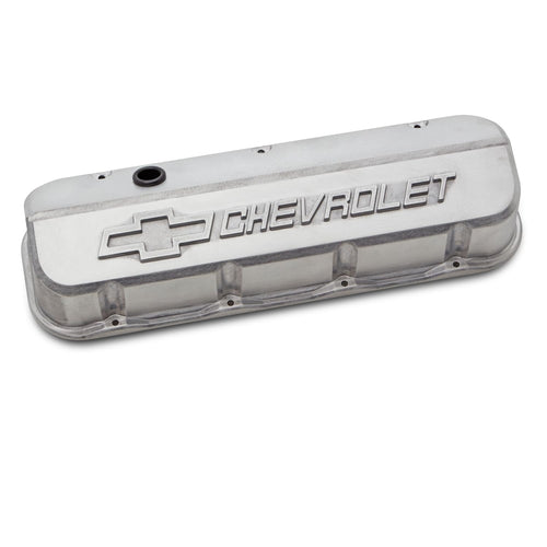 Proform Slant-Edge Valve Cover, Tall, Baffled, Breather Hole, Raised Chevrolet Logo, Aluminum, Natural