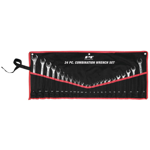 W1074 Performance Tool 24 pc. SAE and Metric Combo Wrench Set: 1/4-in to 1-in and 7-22mm sizes, Made of Heat-Treated Steel, Raised Panel Design, Black Roll Pouch for Easy Storage