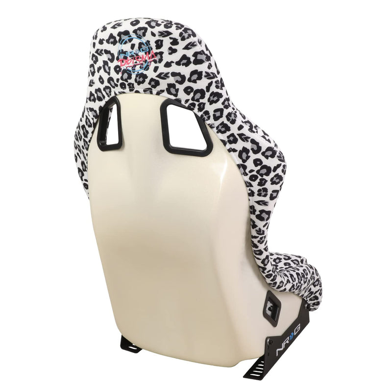 NRG Innovations Prisma FRP-303-WT-SAVAGE Fixed Back Bucket Racing Seat with Bottom Mount Bracket, White Savage Leopard Print Fabric/White Pearl Back