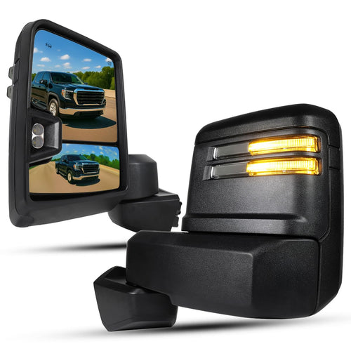 Power Spec-D Tuning Black Heated Tow Mirrors w/Smoke LED Signal, Blind Spot Sensor, Temperature Sensor Compatible with 2019-2025 GMC Sierra 1500, Left + Right Pair