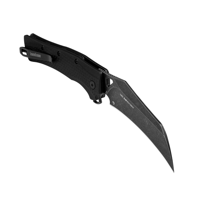 Kershaw Pocket Knife Dawnstar, 3.5 inch Hawkbill Blackwash Blade, Black Handle, Tactical EDC Knife, Pocketclip