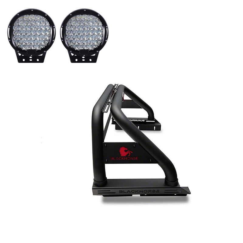 Classic Black Horse Roll Bar Incl.Set of 9 Black Round LED Light Compatible with 2022-2024 Nissan Frontier-RBB22-PL69B