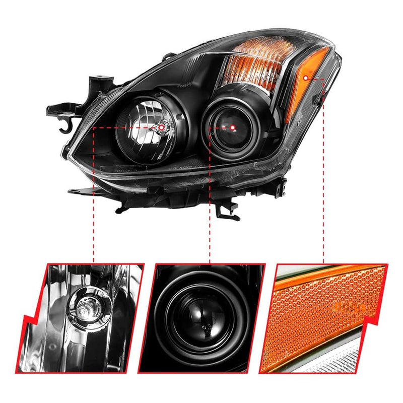Black ANZO Compatible Replacement Projector Headlight (Halogen Type) for Nissan Altima 2010-2013