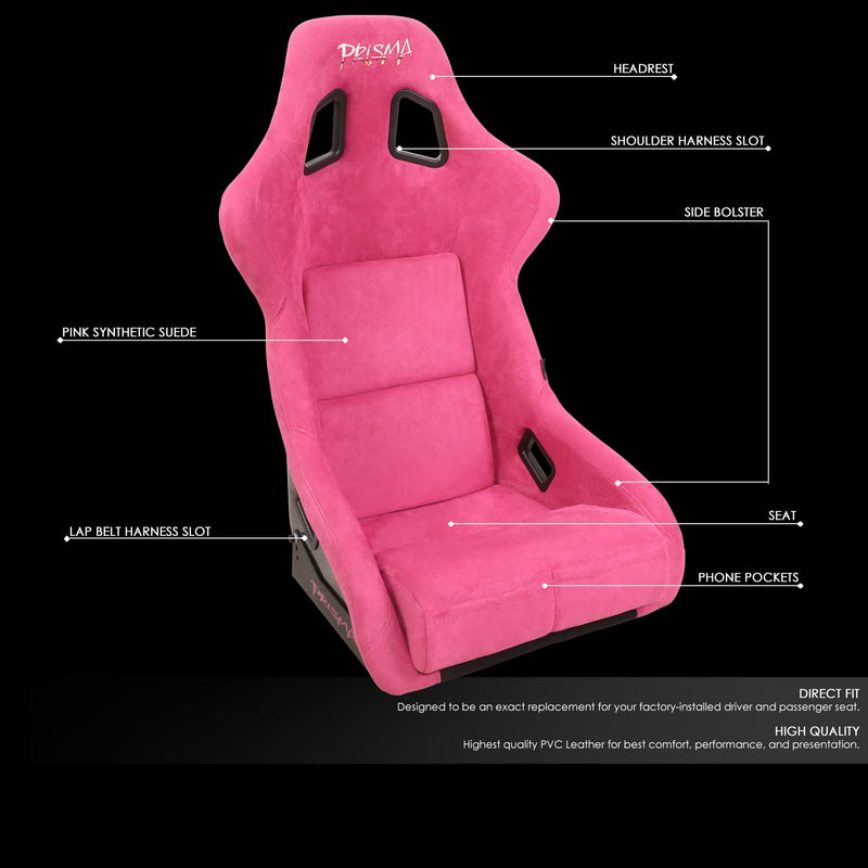 NRG Innovations Universal Fixed Back NRG-FRP-302FH-PRISMA Bucket Racing Seat for 5-Point Harnesses, Size L, Fushia Alcantara Material, 24" W X 35" H X 18" D