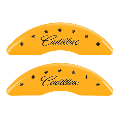 Caliper Covers MGP 35024SCADYL, Set of 4 (Yellow Engraved Front and Rear: Cursive/Cadillac Powder Coat Finish Black Characters)