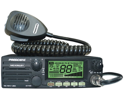 McKinley President AM/SSB CB Radio, 12/24V,40 Channel, NOAA Weather Alerts, Automatic SWR, ASC, Large LCD, NB, ANL, Hi-Cut Filters, VOX, Front Panel Loudspeaker, Clarifier, RF Power & Gain