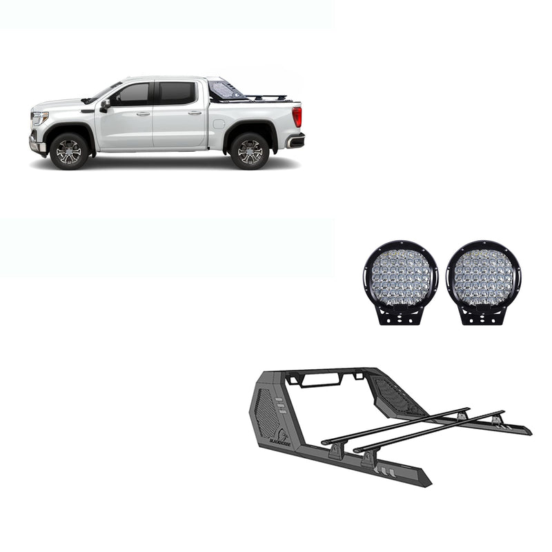 Vigor Roll Bar Black W/Cross Bar w/Set of 9 Black Round LED Light Modular Black Compatible with 09-25 Ram 1500|15-22 GMC Sierra 1500/Chevrolet Silverado 1500|04-22 Ford F-150-VRCB7002B-PL69B
