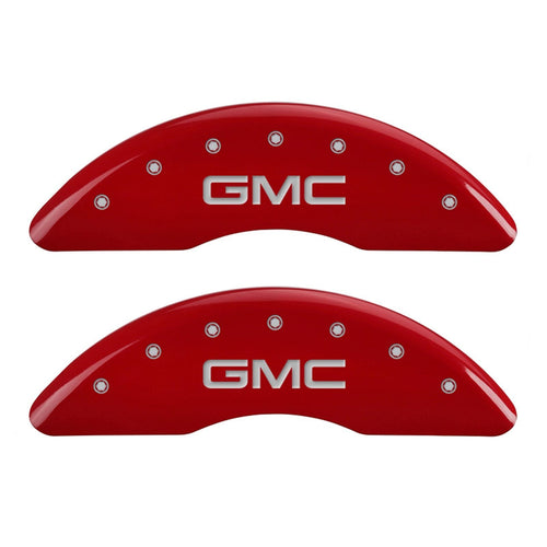 MGP Caliper Covers Red Powder Coat Finish 34210SGMCRD Front and Rear Caliper Cover, Set of 4 (GMC Silver Characters, Engraved)