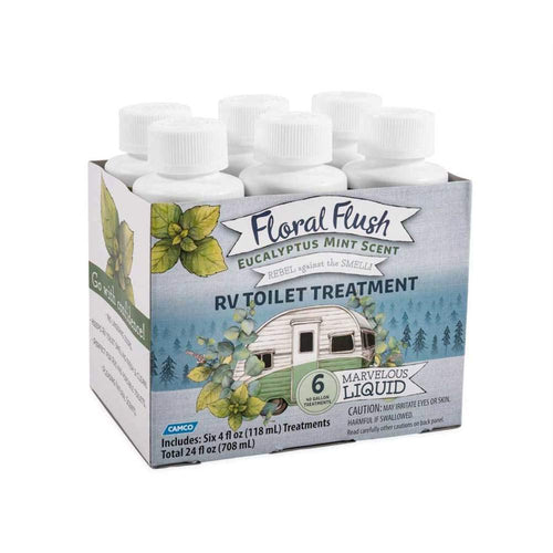 Camco 41482 RV Toilet Treatment Singles, Floral Flush Eucalyptus Mint Scent - Eliminates Odors and Breaks Down Waste - Each Bottle Treats Up to 40-gallons - Contains (6) 4 oz. Bottles