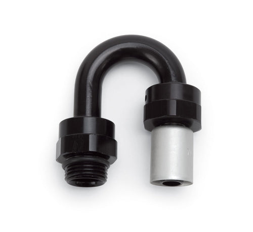 CRIMP ON HOSE END -6 SAE PORT MALE TO -6 HOSE 180 DEG BLK ANODIZED