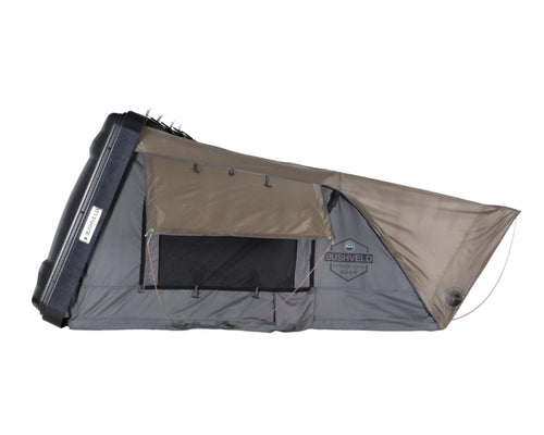 Overland Vehicle Systems Hard Shell Bushveld Clam Shell Roof Top Tent with Aluminum Base Dark Grey Body and Green Rainfly - 4 Person Tent - Four Seasons Ready