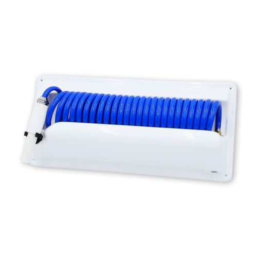 T-H Marine Coiled Hose Washdown System - 25' Wash Down Hose, Nozzle, Holder, 5' Supply Hose, and Brass Fittings - Kink Free Design and Compact Storage - Blue