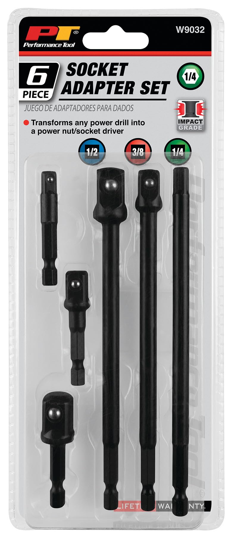 W9032 Performance Tool 2" and 6" Socket Adapter Set - 6 Pieces, Impact Grade Steel, Versatile Socket Compatibility