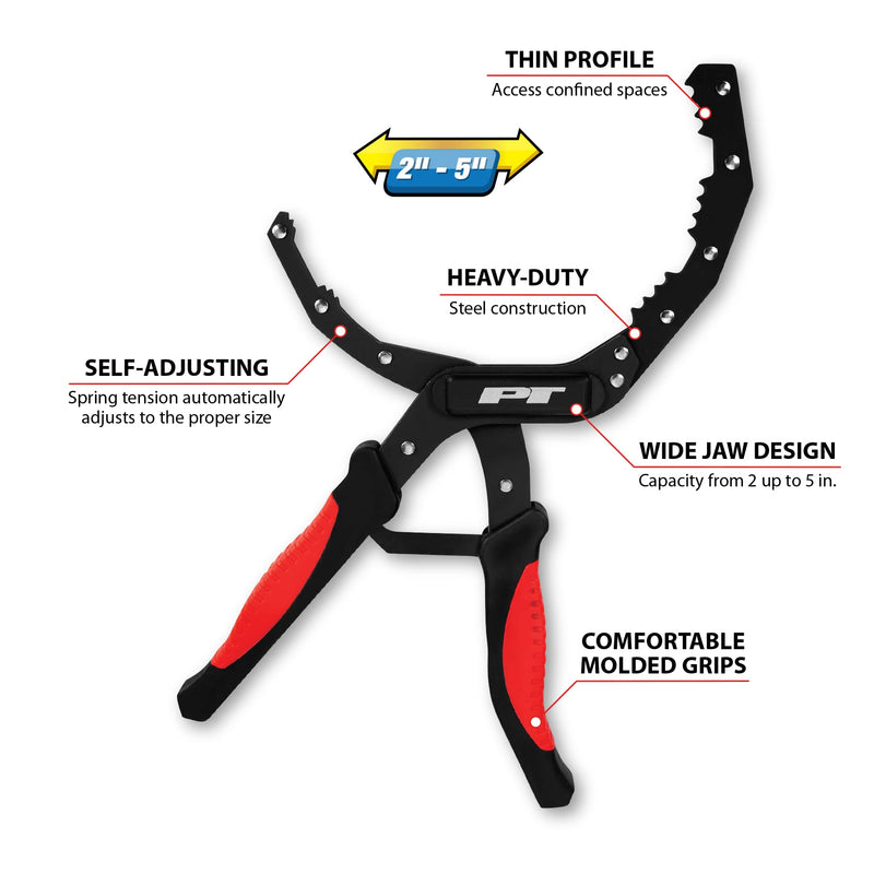 Self-Adjusting Performance Tool W54312 Oil Filter Plier with Wide Jaw Design for 2-5-Inch (51-127mm) Filters - Heavy Duty Steel Construction with Molded Grips