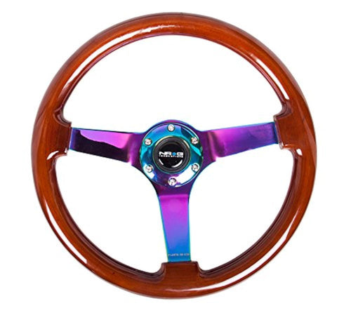 NRG Innovations Reinforced NRG-RST-036BR-MC Steering Wheel Classic Dark Wood Grain Wheel (3" Deep, 4mm), 350mm,75mm Deep 3 Solid Spoke Center In Neochrome/Mahogany