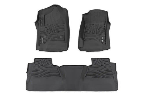 Flex-Fit Rough Country Floor Mats for Chevy Silverado & GMC Sierra 1500/2500HD/3500HD (2014–2018) Crew Cab - Front & Rear Set, All-Weather Non-Slip TPE Liners w/Spill Saver Lip