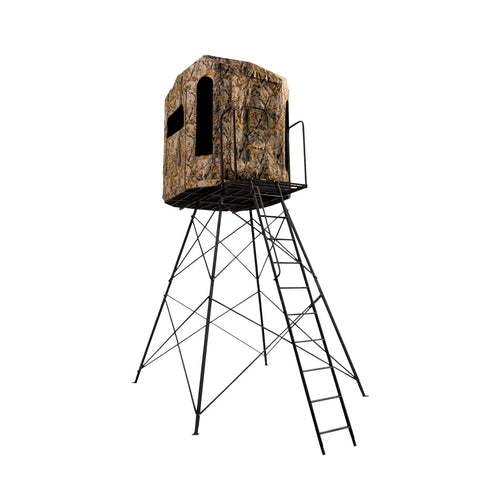Muddy 360 Soft Side Resistant Heavy-Duty Powder Coated Steel Hunting Blind - Insulated Fabric Walls, Floor Pad, Silent Zipper Window System w/Sliding Mesh Backing - 10ft Deluxe Tower Platform