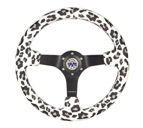 NRG Innovations Reinforced Sport Steering Wheel NRG-RST-036MB-SV-WT, 350mm (3' deep) Savage WhiteLeopard Printed Micro Fiber Vegan Material with Matte Black Spoke
