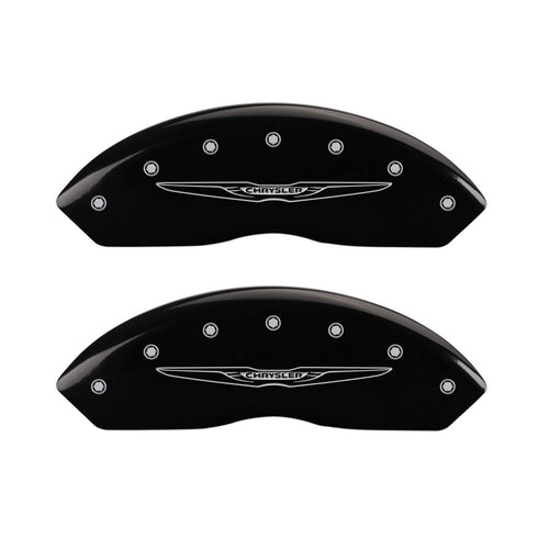 Caliper Covers MGP 32021SCW2BK Black Powder Coat Finish Front and Rear Caliper Cover, Set of 4 (Style 2/Chrysler Wing Silver Characters, Engraved)