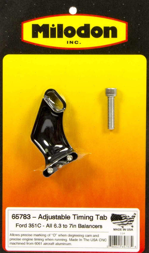 Milodon Adjustable Timing Pointer, Stainless Hardware, Aluminum, Black Anodized, Ford Cleveland/Modified, Each