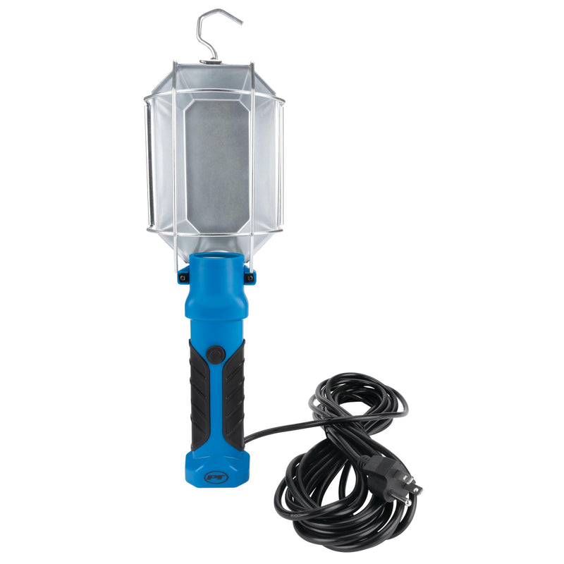 25' Performance Tool W2243 18GA, 120V LED or Incandescent Drop Light, Steel Cage Shield with Extra Built in 120V Outlet