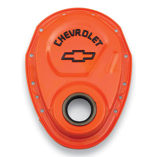 Proform 1-Piece Timing Cover, Seal Included, Chevrolet/Bowtie Logo, Steel, Orange Paint, compatible with Small Block Chevy, Each