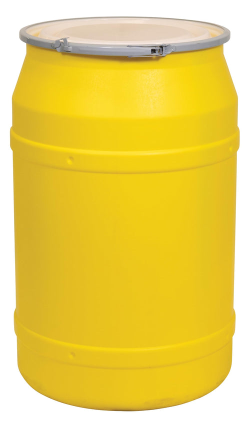 55 Gallon Eagle Plastic Drum with Lid, Metal Lever-Lock, 36.4"x22.5", Open Head Lab Pack Drum Made of Durable, Lightweight HDPE, Withstands Weather and Chemicals, Made in USA, Yellow, 1656M