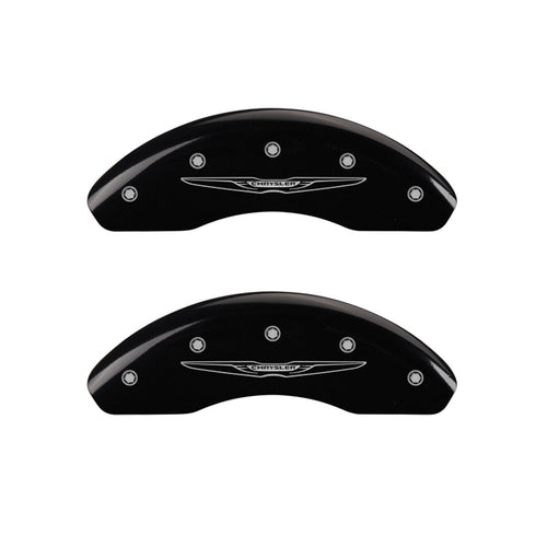 MGP Caliper Covers Front and Rear 32018SCW2BK Black Powder Coat Finish, Set of 4 (Style 2/Chrysler Wing Silver Characters, Engraved)