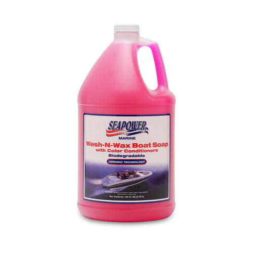Wash-N-Wax Seapower Boat Soap: Highly Concentrated Carnauba Wax - Ceramic Formulation - Delivers a deep clean and glossy protected finish. - pH Neutral Formula. - Cherry Scent. 128 oz (1 Gallon)