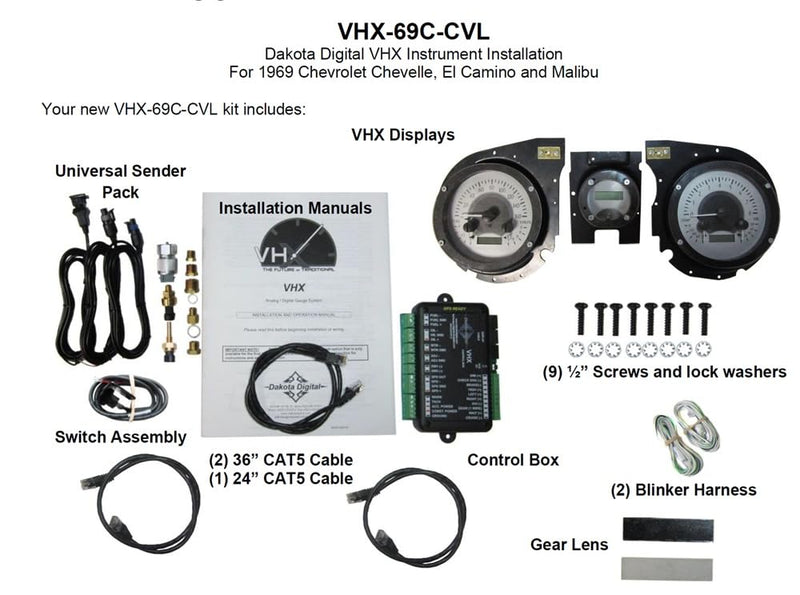 Dakota Digital VHX-69C-CVL-S-B Analog Dash Gauge System with Chevy 1969 Chevelle, Malibu and El Camino, Silver Alloy Style, Blue Backlighting