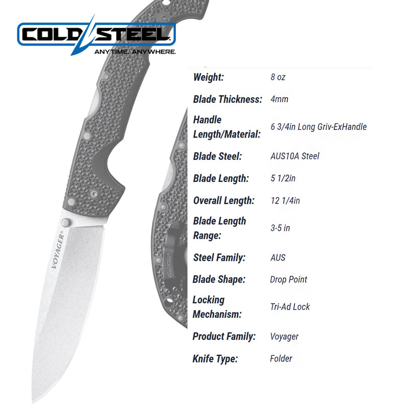 Cold Steel Drop Point Extra Large Voyager / 12 1/4" Overall / 5 1/2" Blade / 4MM Thick / 6 3/4" Long GRIV-EXHANDLE / AUS10A Steel/Ambi Belt Clip/Blister Packed,Black