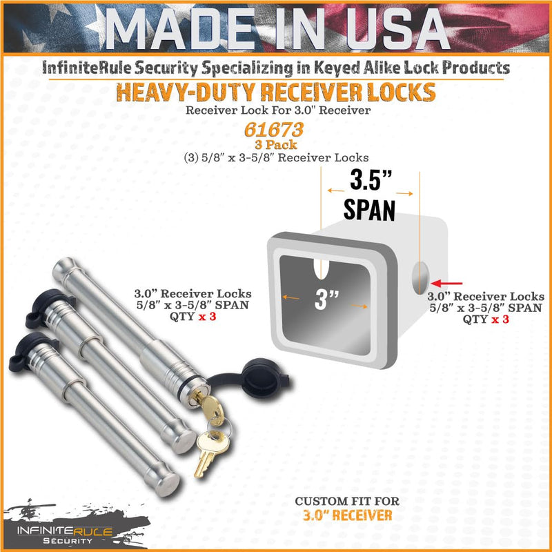 3 Pack, Keyed Alike, InfiniteRule Security 61673 Receiver Locks for 3" Receiver