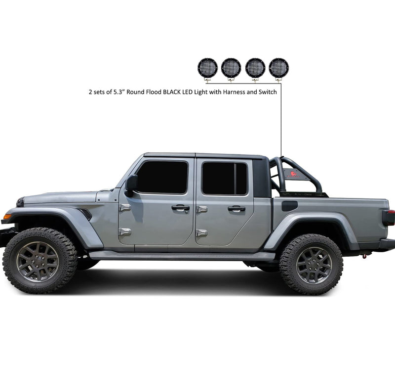 CLASSIC Black Horse Roll Bar Incl. Set of 5.3"Dia.LED Lights w/Black Trim Rings Compatible with 2020-2024 Jeep Gladiator-RB09BK-PLFB
