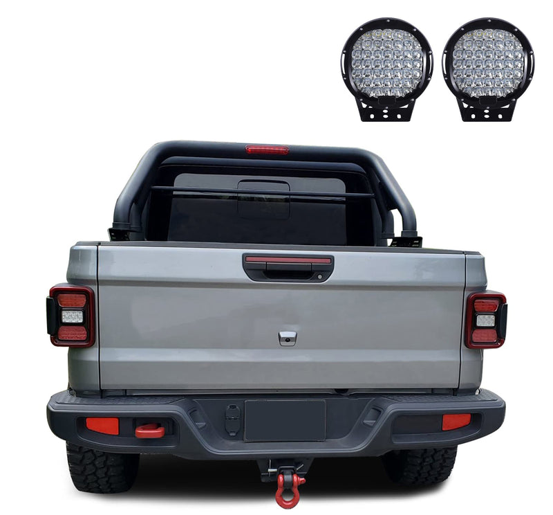 Classic Black Horse Roll Bar Incl.Set of 9 Black Round LED Light Compatible with 2020-2024 Jeep Gladiator-RB09BK-PL69B