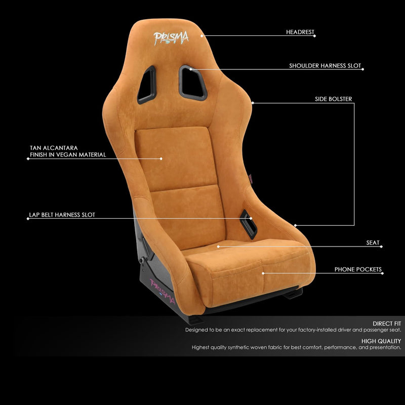 NRG Innovations Universal Fixed Back NRG-FRP-303TN-PRISMA Bucket Racing Seat for 5-Point Harnesses, Size M, Tan Alcantara Material, 22" W X 34" H X 16" D