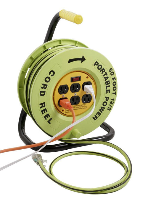 Power Stations Southwire E-235 Cord Reel - 14/3 Gauge with 6 Grounded Outlets - Built-In Circuit Breaker & Lighted Switch - Sturdy Metal Base for Stability - Red & Black Striping - 50 Feet