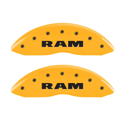 MGP Caliper Covers Compatible with 2011-2018 RAM 1500, 1500 Classic 2019-2024, 2013-23' 1500 Eco Diesel (Fits 18"+ Wheels) Powder-Coated Finish, 4 PCS Front and Rear (Yellow - RAM Engraving)