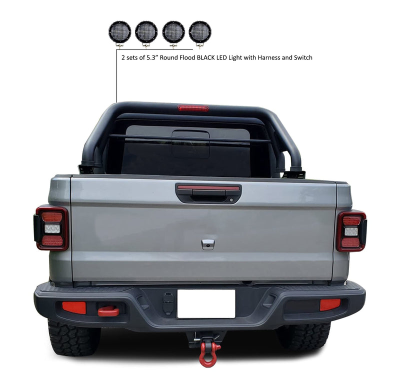 CLASSIC Black Horse Roll Bar Incl. Set of 5.3"Dia.LED Lights w/Black Trim Rings Compatible with 2020-2024 Jeep Gladiator-RB09BK-PLFB