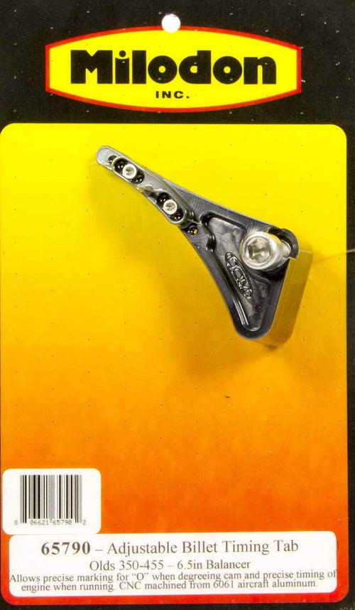 Milodon Adjustable Timing Pointer, Stainless Hardware, Aluminum, Black Anodized, 6-1/2 in OD Balancer, Oldsmobile V8, Each