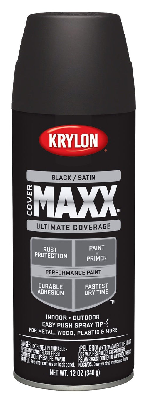 Krylon COVERMAXX K09158007 Spray Paint, Satin Black, 12 Ounce