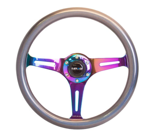 NRG Innovations Steering Wheel NRG-ST-015MC-CN - 350mm 25mm Deep Configuration, Chameleon Classic Wood Grain Wheel 3 Neochrome Spokes- Pearlescent Paint Grip