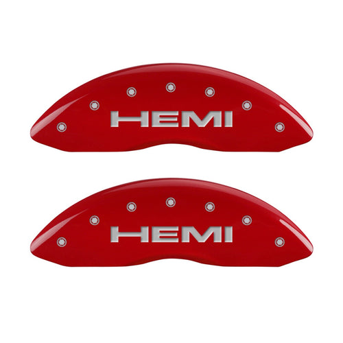 MGP Caliper Covers 'Hemi' Engraved Caliper Cover with Red Powder Coat Finish and Silver Characters, 42002SHEMRD (Set of 4)