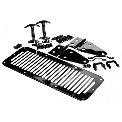 Complete Hood Kit RAMPAGE PRODUCTS for Jeep Wrangler/CJ | Hood Stops, Hinges, Vent, Footman Loop, and Windshield Tie Downs, Steel, Black | 7699 | Fits 1987-1995 Jeep Wrangler YJ
