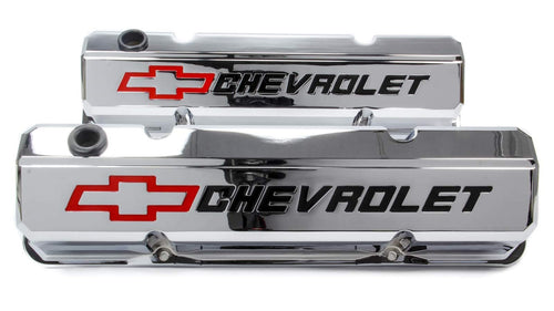 ProForm Valve Cover, Slant-Edge, Tall, Baffled, Breather Hole, Recessed Chevrolet Bowtie Logo, Aluminum, Chrome, Small Block Chevy, Pair