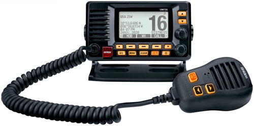 Marine VHF Radio Uniden UM725BK, All USA, Canada, and Int'l. Marine Channels, 1Watt/25Watt Transmit Power, Largest LCD Screen in Class, NOAA Weather Channels w/Alerts, Speaker Mic, IPX8 Waterproof