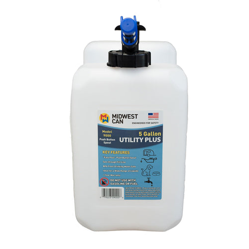 Midwest Can Utility Plus 5 Gallon w/Easy Pour Push Button Spout Ideal for Camping, Emergency Management and Off-Road Adventures, Natural Translucent