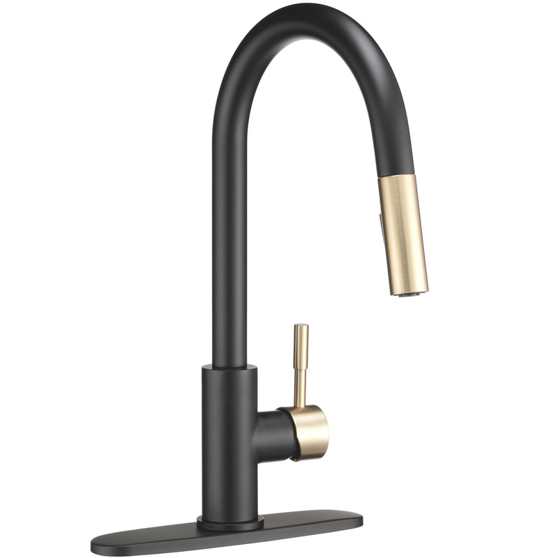 Dura Faucet Streamline RV Single Handle Pull-Down Kitchen Sink Faucet - Optional Deck Plate (Matte Black/Matte Gold)