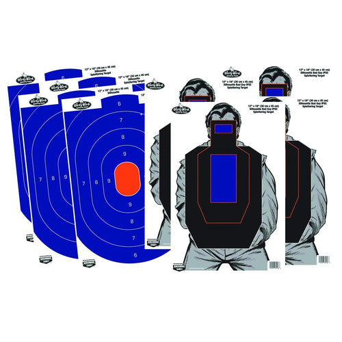 Birchwood Casey 12" X 18" Non-Adhesive Dirty Bird White Splattering Practice Shooting Target Combo Pack for Indoor and Outdoor Use, 4 - Blue/Orange Oval & 4 - Bad Guy IPSC - 8 Targets
